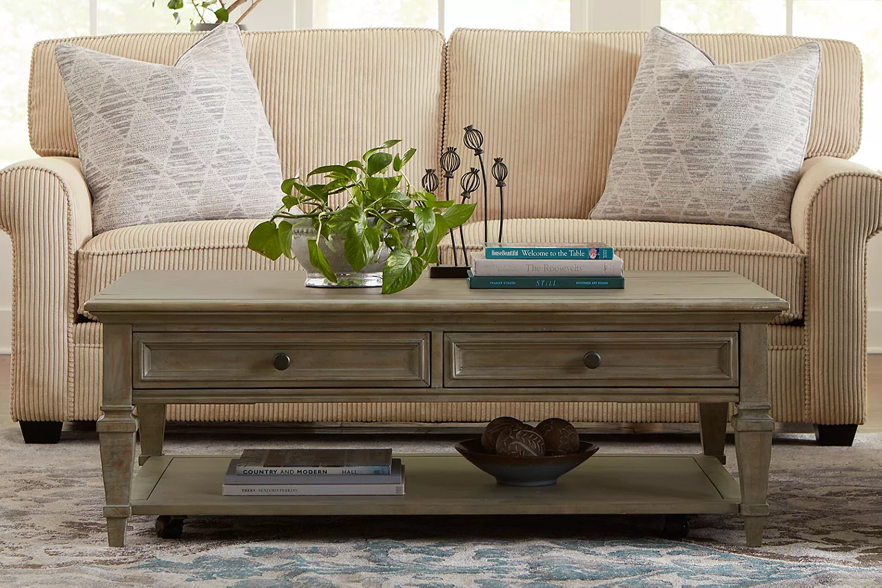 The Beckley rectangular coffee table in dovetail grey.